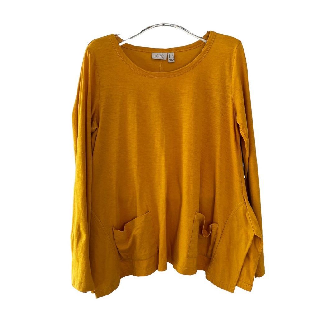 LOGO by Lori Goldstein Yellow Lagenlook POCKETS Long Sleeve Top Small